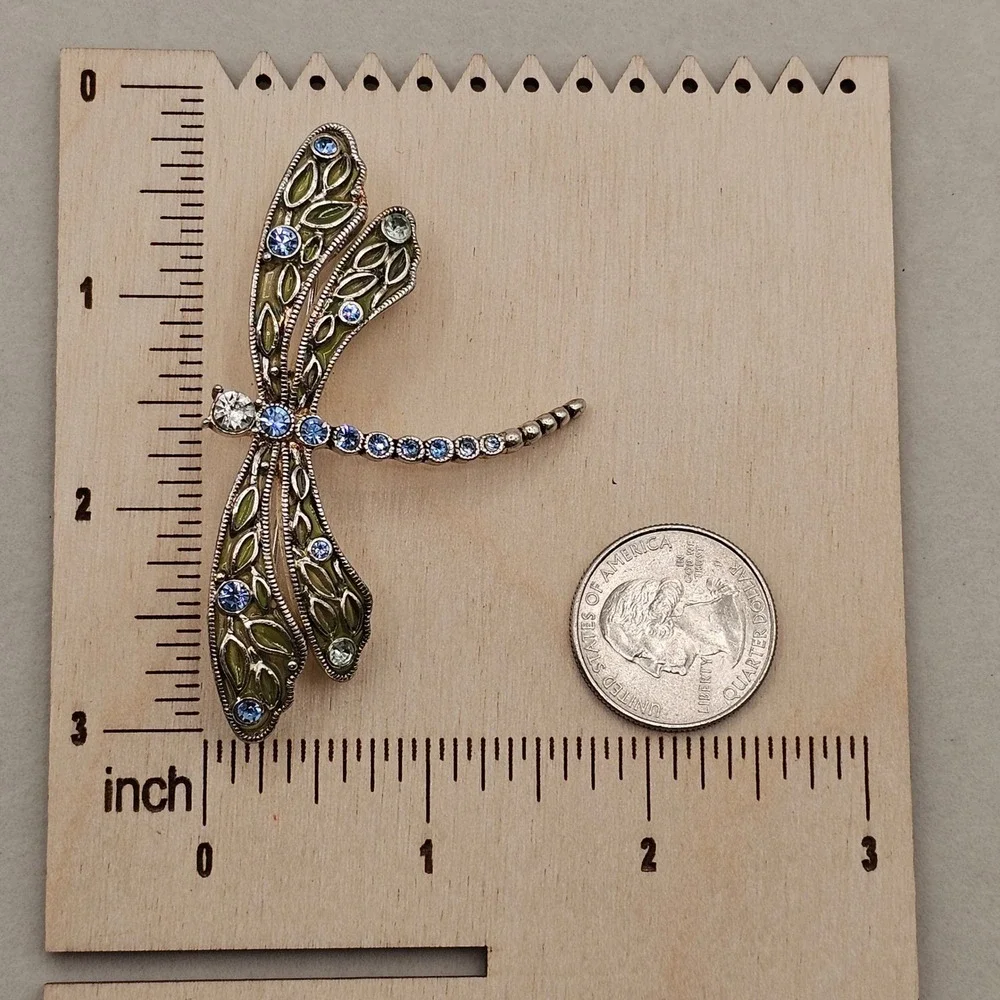 Dragonfly Brooch Pin Set 2pc Silver Tone Blue Green Rhinestone Enamel Pastels